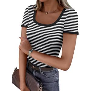 imageANRABESS Women Short Sleeve Tops Square Neck Ribbed Knit Color Block T Shirts Fitted Casual Summer 2026 Trendy Basic TeesBlack White Stripe