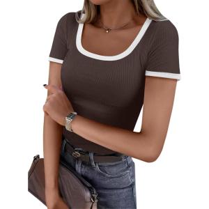 imageANRABESS Women Short Sleeve Tops Square Neck Ribbed Knit Color Block T Shirts Fitted Casual Summer 2026 Trendy Basic TeesCoffee