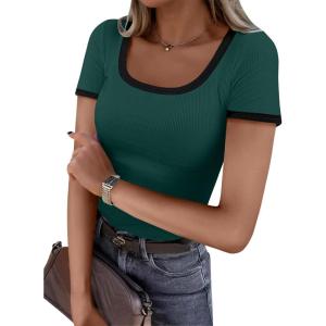 imageANRABESS Women Short Sleeve Tops Square Neck Ribbed Knit Color Block T Shirts Fitted Casual Summer 2026 Trendy Basic TeesDeep Green