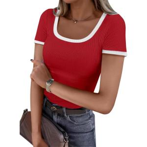 imageANRABESS Women Short Sleeve Tops Square Neck Ribbed Knit Color Block T Shirts Fitted Casual Summer 2026 Trendy Basic TeesDeep Red