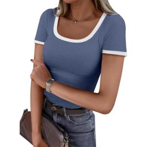 imageANRABESS Women Short Sleeve Tops Square Neck Ribbed Knit Color Block T Shirts Fitted Casual Summer 2026 Trendy Basic TeesDusty Blue
