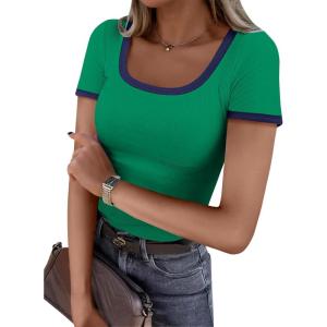 imageANRABESS Women Short Sleeve Tops Square Neck Ribbed Knit Color Block T Shirts Fitted Casual Summer 2026 Trendy Basic TeesGreen