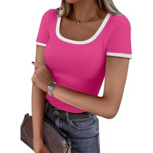 imageANRABESS Women Short Sleeve Tops Square Neck Ribbed Knit Color Block T Shirts Fitted Casual Summer 2026 Trendy Basic TeesHot Pink