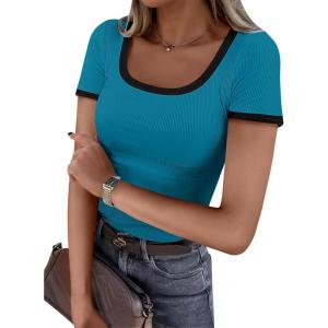 imageANRABESS Women Short Sleeve Tops Square Neck Ribbed Knit Color Block T Shirts Fitted Casual Summer 2026 Trendy Basic TeesLake Blue