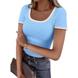 imageANRABESS Women Short Sleeve Tops Square Neck Ribbed Knit Color Block T Shirts Fitted Casual Summer 2026 Trendy Basic TeesLight Blue