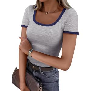 imageANRABESS Women Short Sleeve Tops Square Neck Ribbed Knit Color Block T Shirts Fitted Casual Summer 2026 Trendy Basic TeesLight Grey