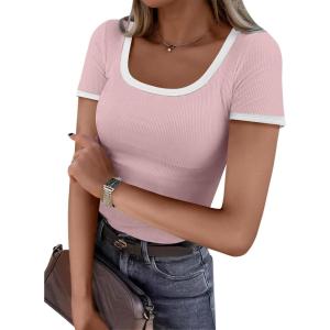 imageANRABESS Women Short Sleeve Tops Square Neck Ribbed Knit Color Block T Shirts Fitted Casual Summer 2026 Trendy Basic TeesLight Pink