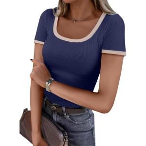 imageANRABESS Women Short Sleeve Tops Square Neck Ribbed Knit Color Block T Shirts Fitted Casual Summer 2026 Trendy Basic TeesNavy Blue
