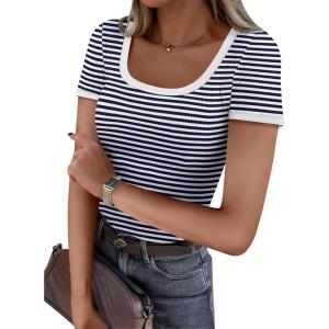 imageANRABESS Women Short Sleeve Tops Square Neck Ribbed Knit Color Block T Shirts Fitted Casual Summer 2026 Trendy Basic TeesNavy White Stripe