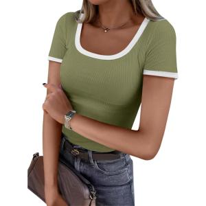 imageANRABESS Women Short Sleeve Tops Square Neck Ribbed Knit Color Block T Shirts Fitted Casual Summer 2026 Trendy Basic TeesOlive
