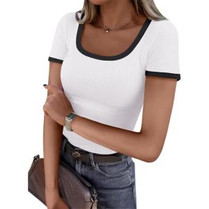 imageANRABESS Women Short Sleeve Tops Square Neck Ribbed Knit Color Block T Shirts Fitted Casual Summer 2026 Trendy Basic TeesWhite
