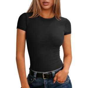 imageANRABESS Women Short Sleeve Tops Summer 2026 Double Lined Crewneck T Shirt Basic Tight Workout Tee Y2k ClothesBlack