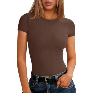 imageANRABESS Women Short Sleeve Tops Summer 2026 Double Lined Crewneck T Shirt Basic Tight Workout Tee Y2k ClothesBrown