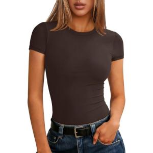 imageANRABESS Women Short Sleeve Tops Summer 2026 Double Lined Crewneck T Shirt Basic Tight Workout Tee Y2k ClothesCoffee