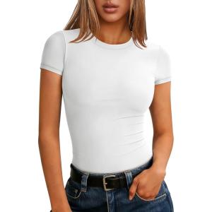 imageANRABESS Women Short Sleeve Tops Summer 2026 Double Lined Crewneck T Shirt Basic Tight Workout Tee Y2k ClothesOffwhite