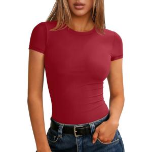 imageANRABESS Women Short Sleeve Tops Summer 2026 Double Lined Crewneck T Shirt Basic Tight Workout Tee Y2k ClothesRed