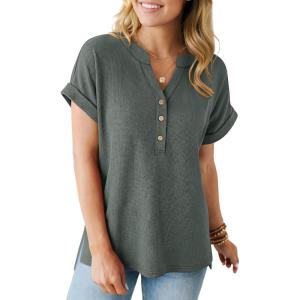 imageANRABESS Women Short Sleeve Waffle Knit Henley Shirts Casual Loose Summer Top High Low Slit TShirts Vacation ClothesArmy Green