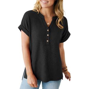 imageANRABESS Women Short Sleeve Waffle Knit Henley Shirts Casual Loose Summer Top High Low Slit TShirts Vacation ClothesBlack