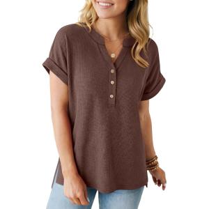 imageANRABESS Women Short Sleeve Waffle Knit Henley Shirts Casual Loose Summer Top High Low Slit TShirts Vacation ClothesBrown