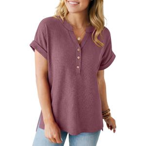 imageANRABESS Women Short Sleeve Waffle Knit Henley Shirts Casual Loose Summer Top High Low Slit TShirts Vacation ClothesMauve