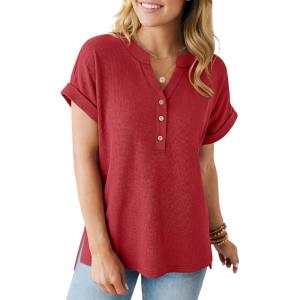 imageANRABESS Women Short Sleeve Waffle Knit Henley Shirts Casual Loose Summer Top High Low Slit TShirts Vacation ClothesRed