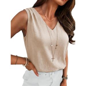 imageANRABESS Women Tank Tops Ruched Shoulder Dressy Blouse Business Casual Outfits Sleeveless V Neck Shirt Beach Vacation ClothesParchment