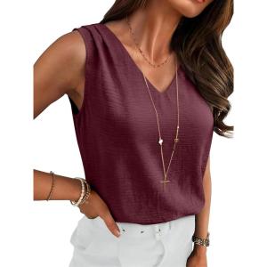 imageANRABESS Women Tank Tops Ruched Shoulder Dressy Blouse Business Casual Outfits Sleeveless V Neck Shirt Beach Vacation ClothesWine Red