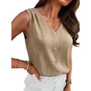 imageANRABESS Women Tank Tops Ruched Shoulder Dressy Blouse Business Casual Outfits Sleeveless V Neck Shirt Beach Vacation ClothesYellow Khaki