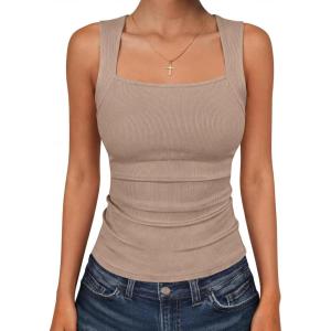 imageANRABESS Women Tank Tops Square Neck Sleeveless Summer Slim Fit Shirts Knit Basic Tee Undershirts 2026 Beach Vacation ClothesLight Khaki