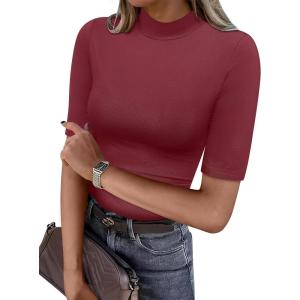 imageANRABESS Women Tops Mock Neck 12 Short Sleeve Slim Fit Basic Tee Shirts Dressy Work Business 2026 Summer Fall Casual OutfitsBurgundy