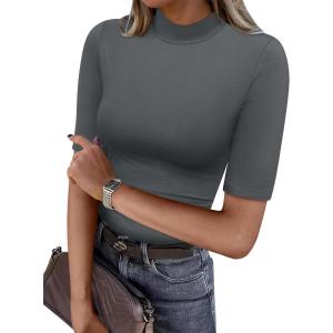 imageANRABESS Women Tops Mock Neck 12 Short Sleeve Slim Fit Basic Tee Shirts Dressy Work Business 2026 Summer Fall Casual OutfitsDark Gray
