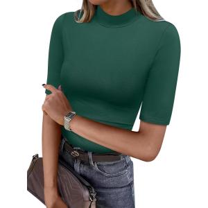 imageANRABESS Women Tops Mock Neck 12 Short Sleeve Slim Fit Basic Tee Shirts Dressy Work Business 2026 Summer Fall Casual OutfitsGreen