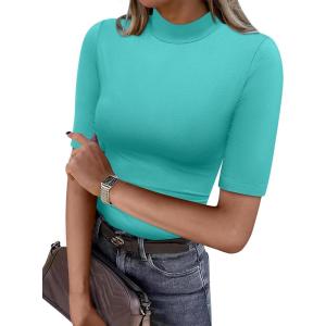imageANRABESS Women Tops Mock Neck 12 Short Sleeve Slim Fit Basic Tee Shirts Dressy Work Business 2026 Summer Fall Casual OutfitsLake Green