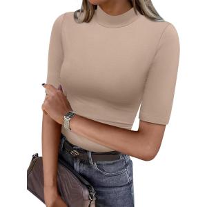 imageANRABESS Women Tops Mock Neck 12 Short Sleeve Slim Fit Basic Tee Shirts Dressy Work Business 2026 Summer Fall Casual OutfitsLight Khaki