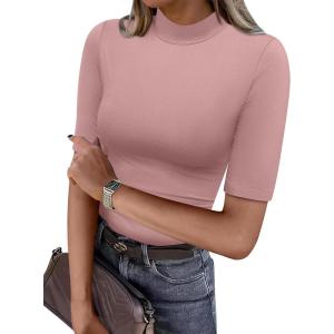 imageANRABESS Women Tops Mock Neck 12 Short Sleeve Slim Fit Basic Tee Shirts Dressy Work Business 2026 Summer Fall Casual OutfitsPink