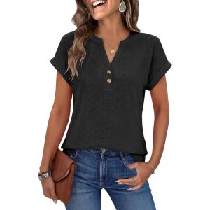 imageANRABESS Women Tops Short Sleeve V Neck Eyelet Shirts Dressy Casual Blouses 2026 Summer Tee TShirts Vacation OutfitsBlack