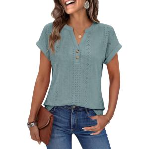 imageANRABESS Women Tops Short Sleeve V Neck Eyelet Shirts Dressy Casual Blouses 2026 Summer Tee TShirts Vacation OutfitsBlue Green