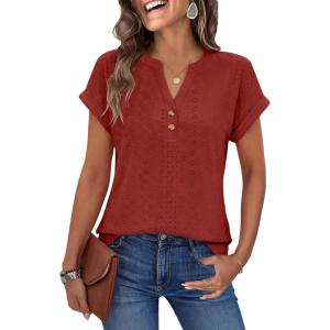 imageANRABESS Women Tops Short Sleeve V Neck Eyelet Shirts Dressy Casual Blouses 2026 Summer Tee TShirts Vacation OutfitsBurnt Orange