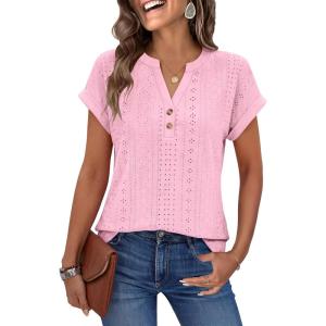 imageANRABESS Women Tops Short Sleeve V Neck Eyelet Shirts Dressy Casual Blouses 2026 Summer Tee TShirts Vacation OutfitsPink