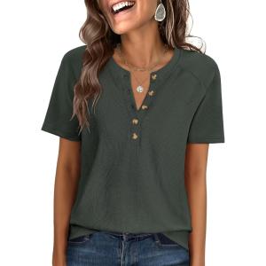 imageANRABESS Women Waffle Knit Tops Short Sleeve Henley Shirts Dressy Casual Blouse 2026 Spring Fashion Outfits Trendy ClothesArmy Green
