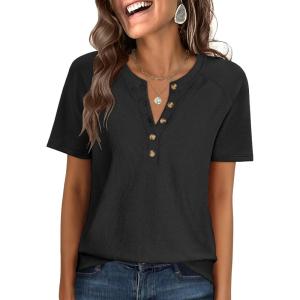 imageANRABESS Women Waffle Knit Tops Short Sleeve Henley Shirts Dressy Casual Blouse 2026 Spring Fashion Outfits Trendy ClothesBlack