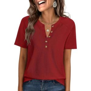 imageANRABESS Women Waffle Knit Tops Short Sleeve Henley Shirts Dressy Casual Blouse 2026 Spring Fashion Outfits Trendy ClothesBright Red
