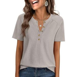 imageANRABESS Women Waffle Knit Tops Short Sleeve Henley Shirts Dressy Casual Blouse 2026 Spring Fashion Outfits Trendy ClothesGrey