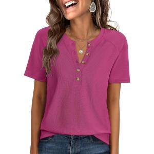 imageANRABESS Women Waffle Knit Tops Short Sleeve Henley Shirts Dressy Casual Blouse 2026 Spring Fashion Outfits Trendy ClothesHot Pink