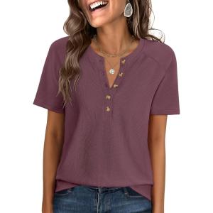 imageANRABESS Women Waffle Knit Tops Short Sleeve Henley Shirts Dressy Casual Blouse 2026 Spring Fashion Outfits Trendy ClothesMauve