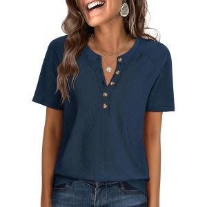 imageANRABESS Women Waffle Knit Tops Short Sleeve Henley Shirts Dressy Casual Blouse 2026 Spring Fashion Outfits Trendy ClothesNavy Blue