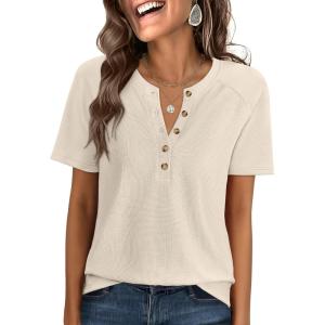 imageANRABESS Women Waffle Knit Tops Short Sleeve Henley Shirts Dressy Casual Blouse 2026 Spring Fashion Outfits Trendy ClothesParchment