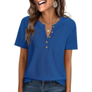 imageANRABESS Women Waffle Knit Tops Short Sleeve Henley Shirts Dressy Casual Blouse 2026 Spring Fashion Outfits Trendy ClothesRoyal Blue
