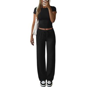 imageANRABESS Womens 2 Piece Summer Matching Lounge Sets Wide Leg Pants Ruched Crop Tops Sweatsuits Sets Spring Travel ClothesBlack
