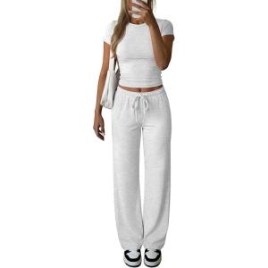 imageANRABESS Womens 2 Piece Summer Matching Lounge Sets Wide Leg Pants Ruched Crop Tops Sweatsuits Sets Spring Travel ClothesLight Grey